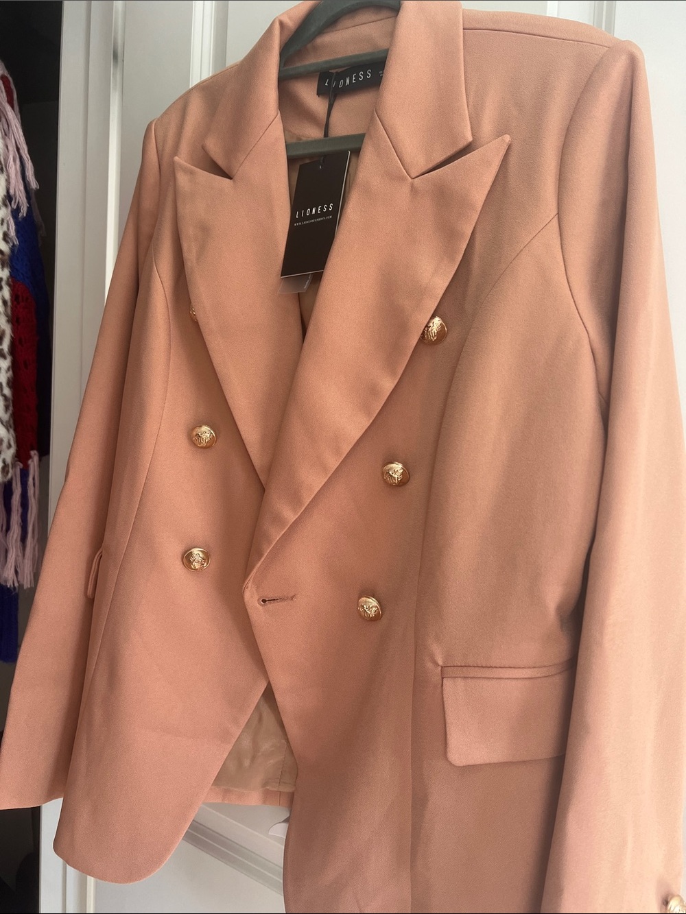 Lioness Double-Breasted Blazer in TAUPE with Gold Buttons